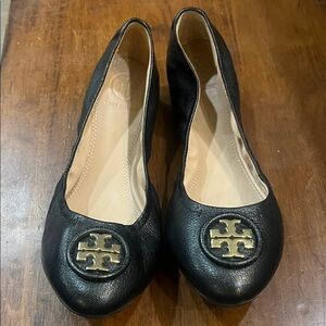Tory Burch Black Leather Flats with Gold Logo